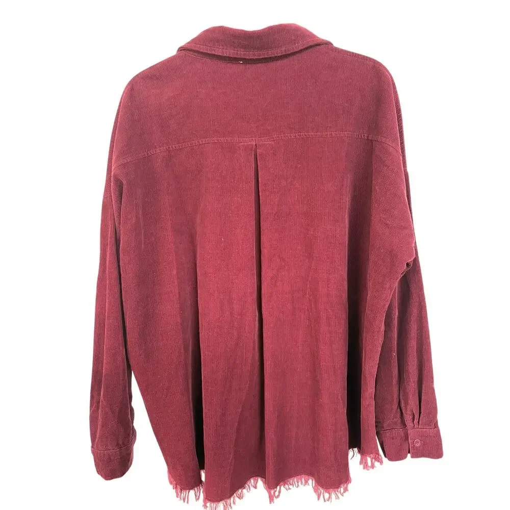 Corduroy Burgundy Velvety Shacket Raw Hem Alternative Grunge Barn Medium - Picture 2 of 9